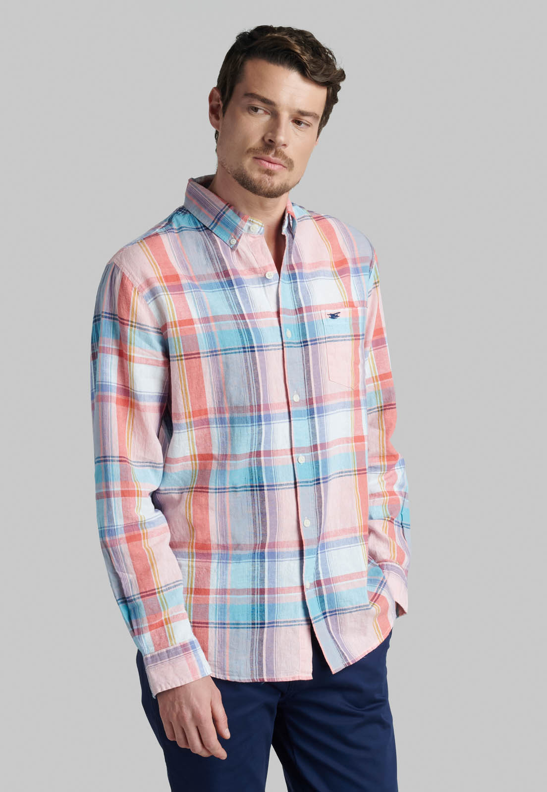 CAMISA LINO MADRAS EVERETT CORAL - 1