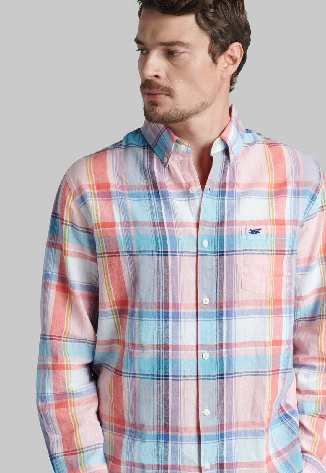 CAMISA LINO MADRAS EVERETT CORAL - 3