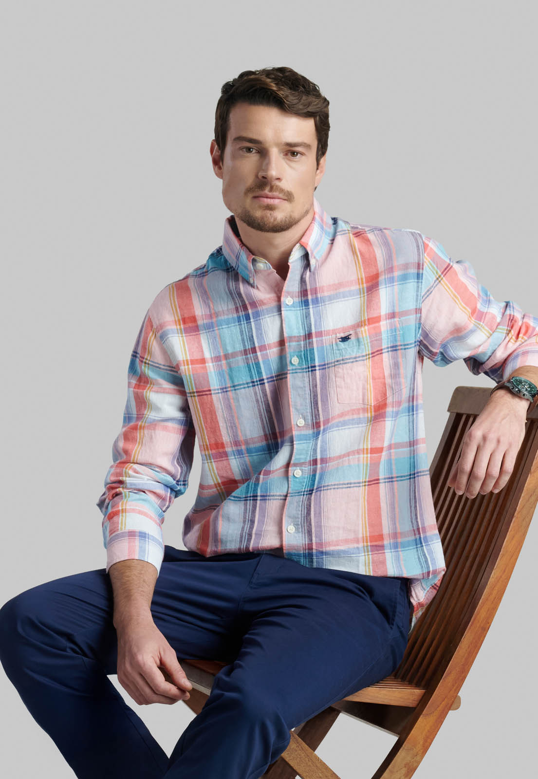 CAMISA LINO MADRAS EVERETT CORAL - 5