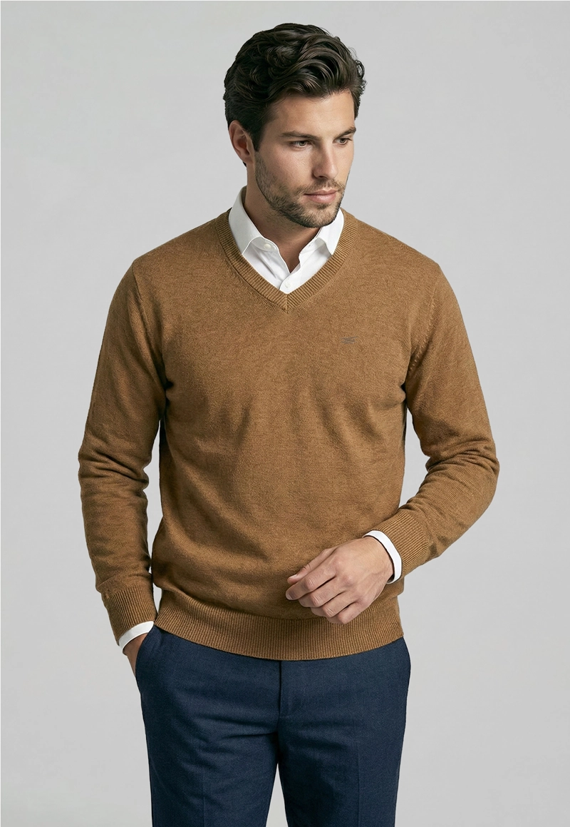 SWEATER ATLANTA V-NECK LT CAMEL MELANGE - 1