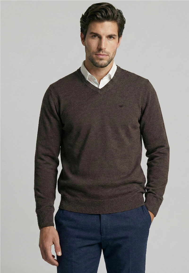 SWEATER ATLANTA V-NECK BROWN  MELANGE - 1
