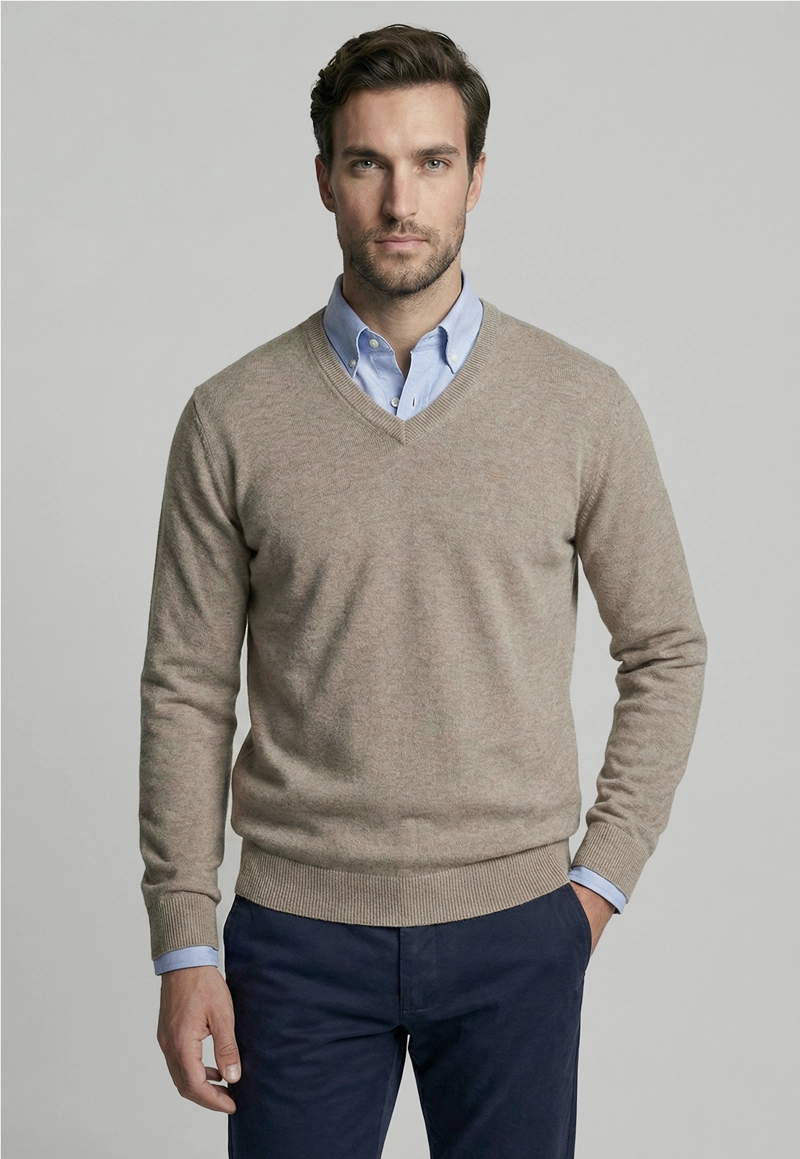 SWEATER ATLANTA V-NECK DK OYSTER MELANGE - 1