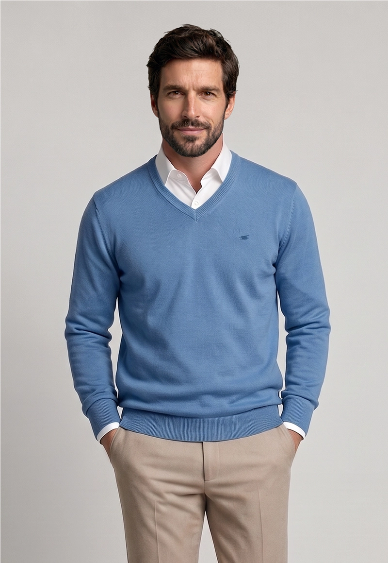 SWEATER ARIZONA V-NECK SOLIDO BLUE - 1
