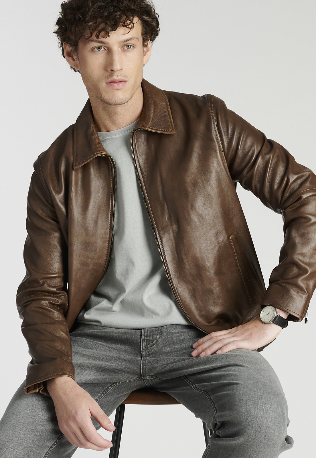 CHAQUETA CUERO HOMBRE NEW MAN CAFÉ LEATHER VANNES HERITAGE BROWN - 5