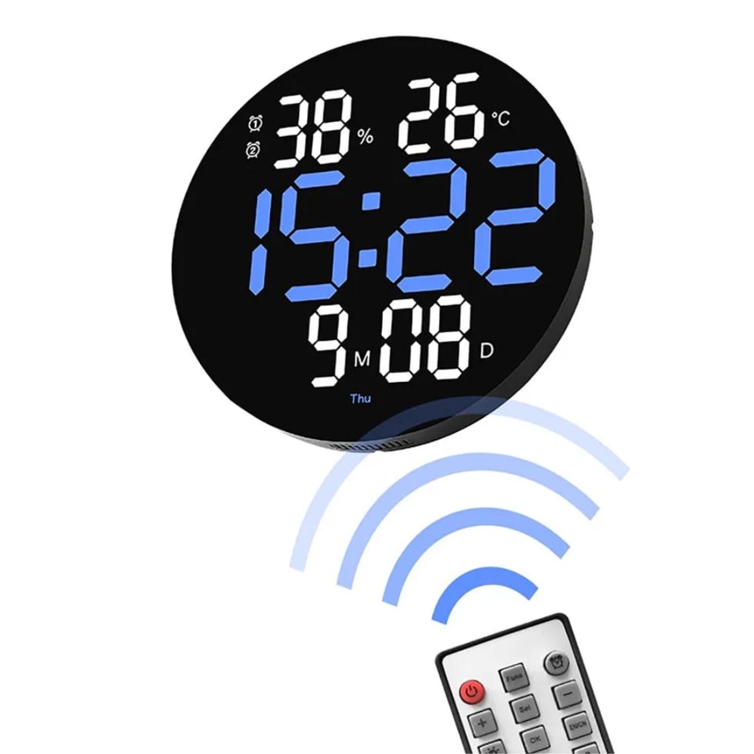 RELOJ DIGITAL REDONDO DE PARED CON CONTROL REMOTO AZUL - 1