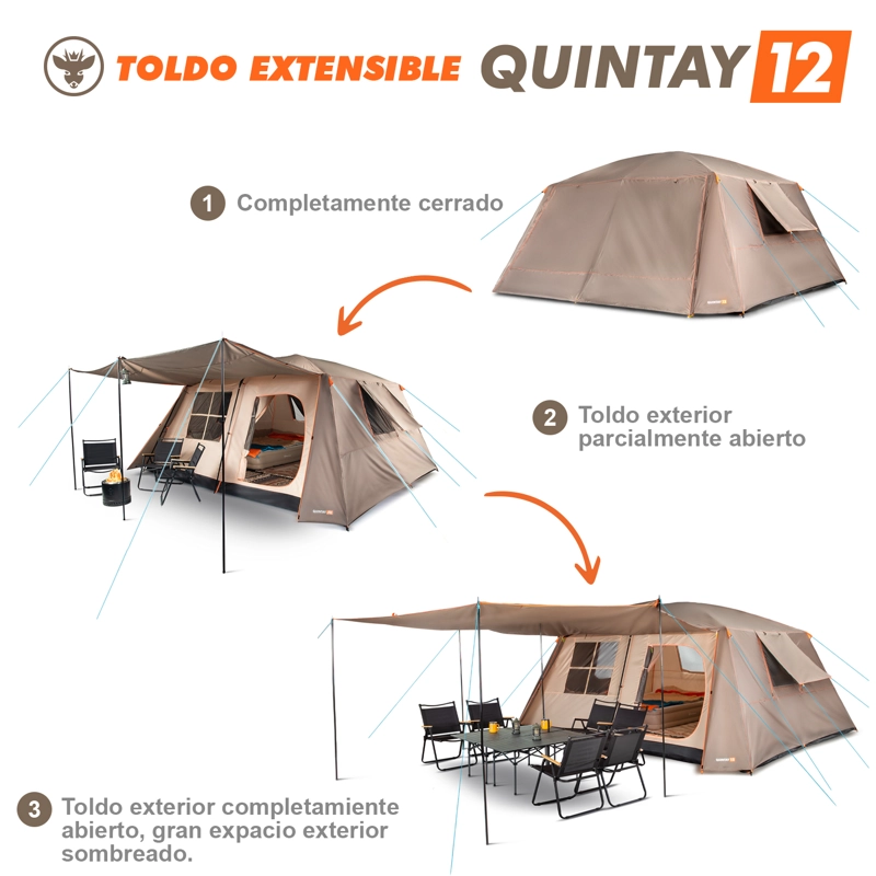 CARPA CAMPING QUINTAY 12 PERSONAS BOSSCAMP CUBRE TECHO LARGO TOLDO EXTENDIDO - 7