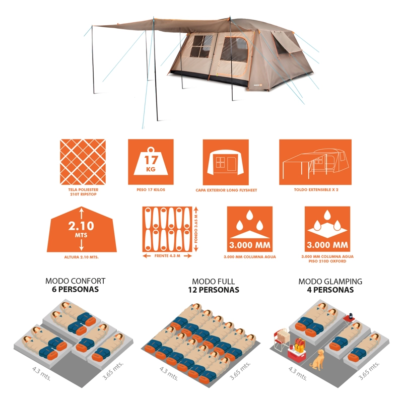 CARPA CAMPING QUINTAY 12 PERSONAS BOSSCAMP CUBRE TECHO LARGO TOLDO EXTENDIDO - 8