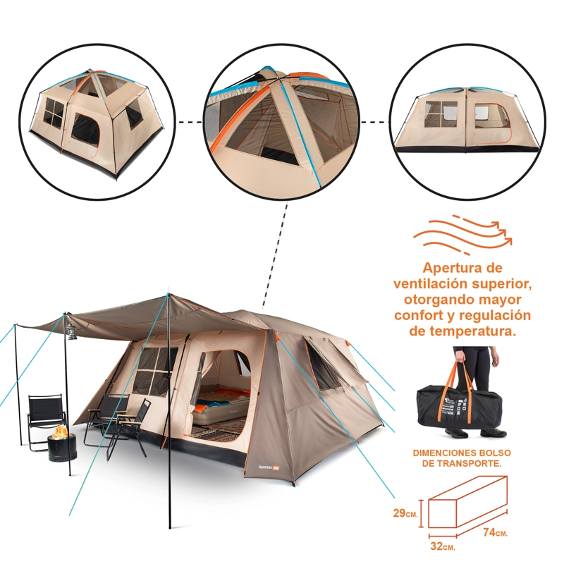 CARPA CAMPING QUINTAY 12 PERSONAS BOSSCAMP CUBRE TECHO LARGO TOLDO EXTENDIDO - 9