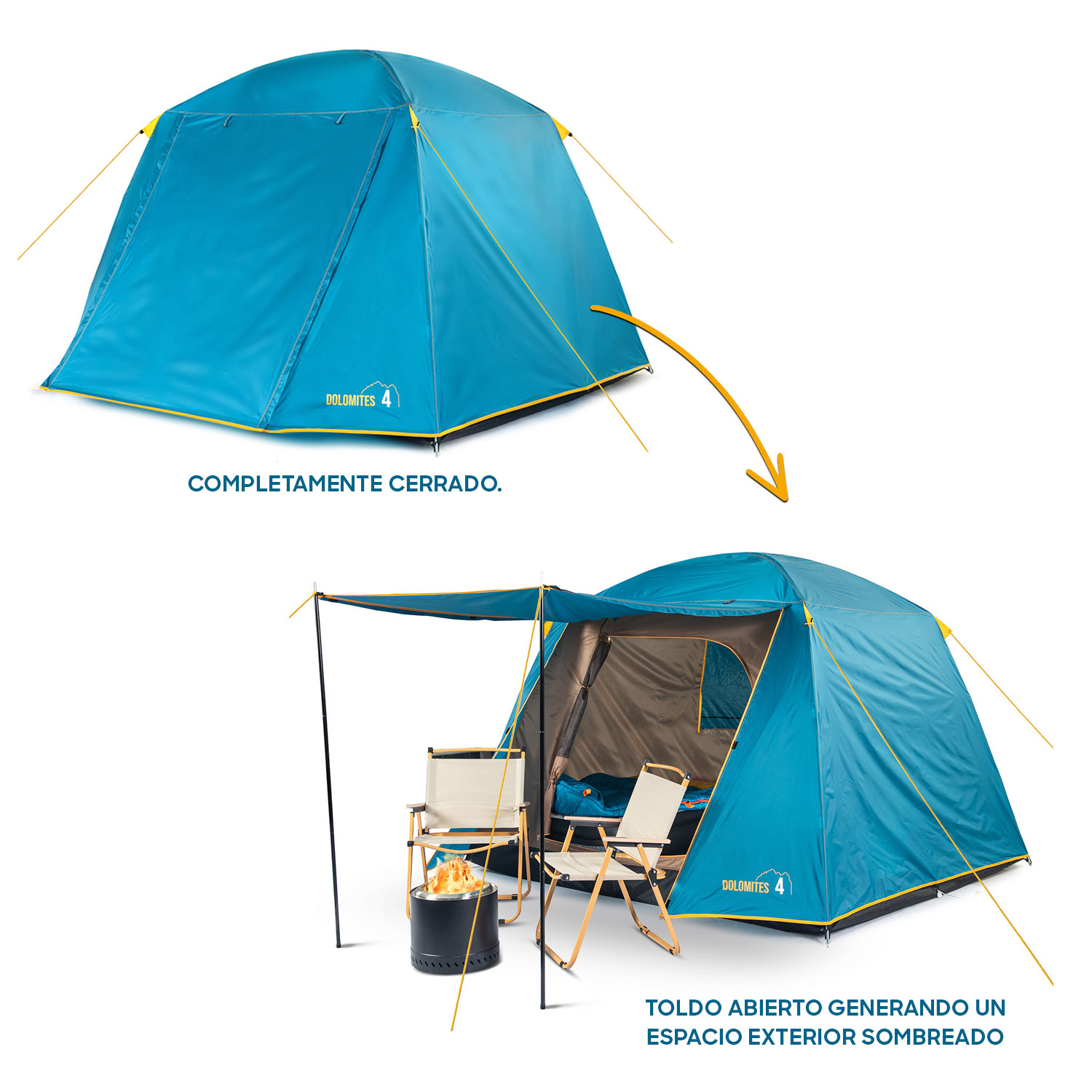 CARPA CAMPING DOLOMITES 4, 4 PERSONAS TECHO LARGO 3000 MM DOBLE TOLDO DISCOVERY - 4