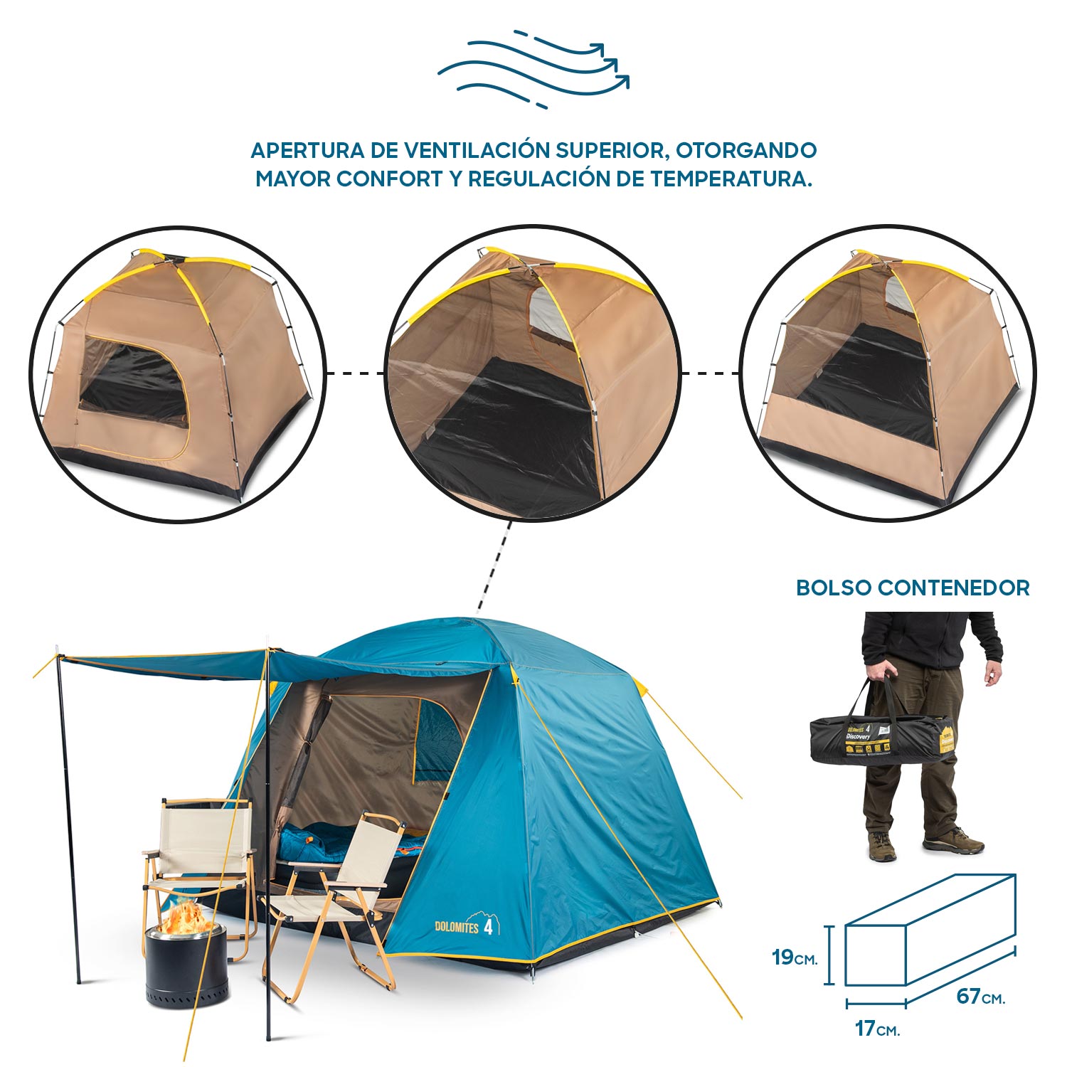 CARPA CAMPING DOLOMITES 4, 4 PERSONAS TECHO LARGO 3000 MM DOBLE TOLDO DISCOVERY - 5