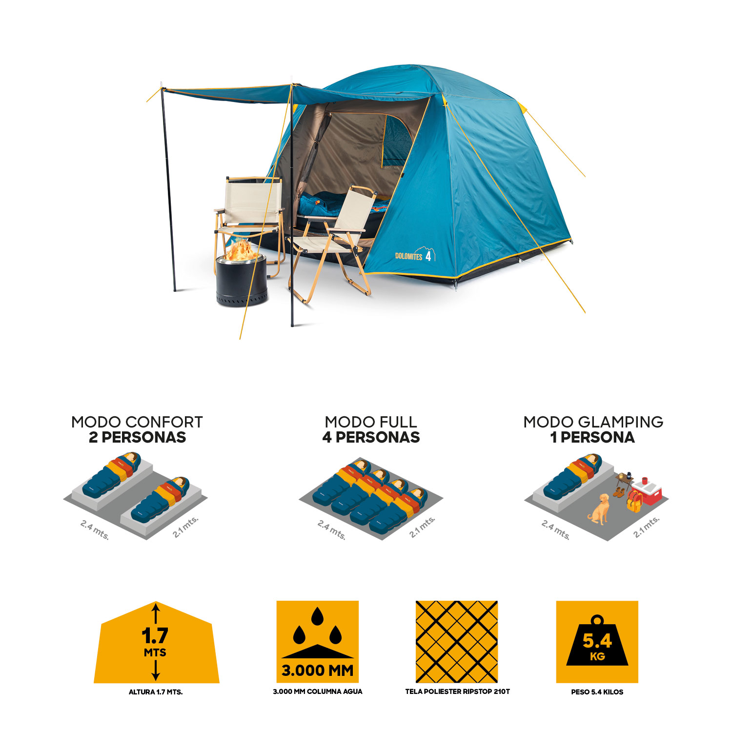 CARPA CAMPING DOLOMITES 4, 4 PERSONAS TECHO LARGO 3000 MM DOBLE TOLDO DISCOVERY - 6