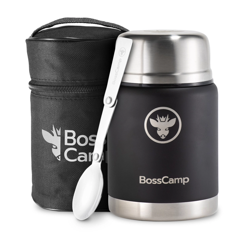 TERMO COMIDA BOSSCAMP 500 ML NEGRO ACERO INOXIDABLE BOLSO TÉRMICO CUCHARA - 1