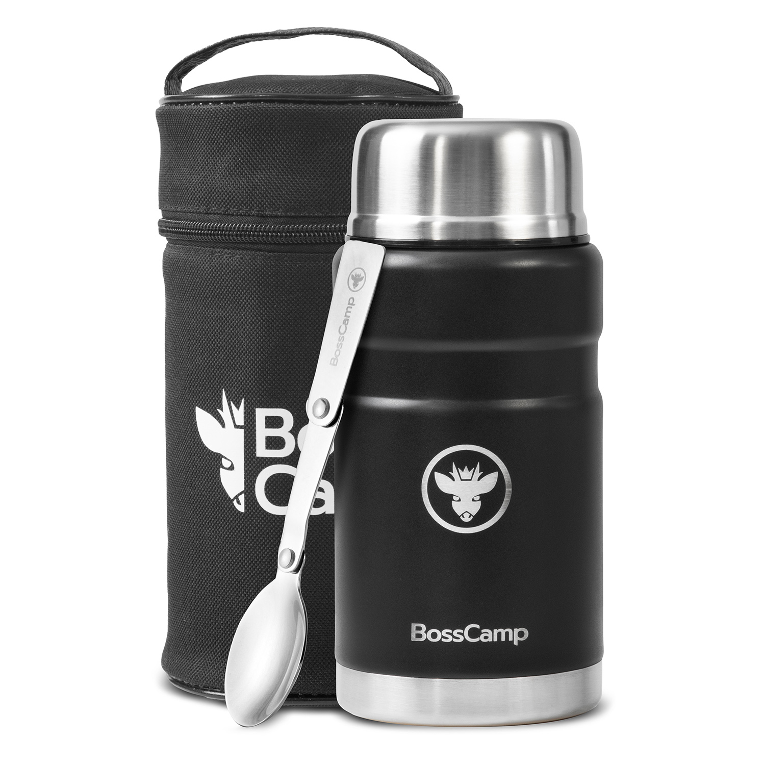 TERMO COMIDA BOSSCAMP 750 ML NEGRO ACERO INOX BOLSO CUCHARA - 1