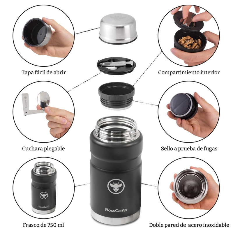 TERMO COMIDA BOSSCAMP 750 ML NEGRO ACERO INOX BOLSO CUCHARA - 8