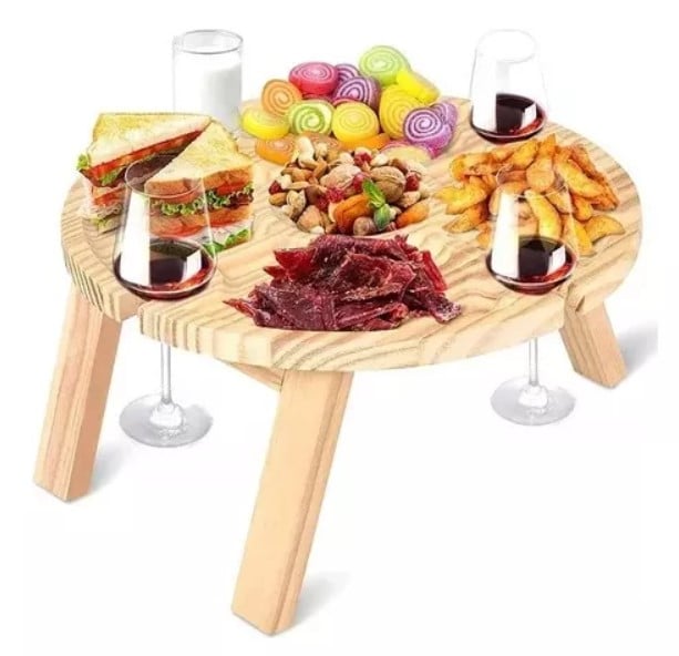 MESA DE MADERA PICNIC PLEGABLE SOPORTE COPAS TABLA PICOTEO - 1