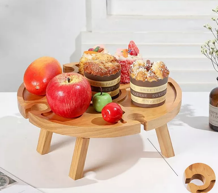 MESA DE MADERA PICNIC PLEGABLE SOPORTE COPAS TABLA PICOTEO - 3