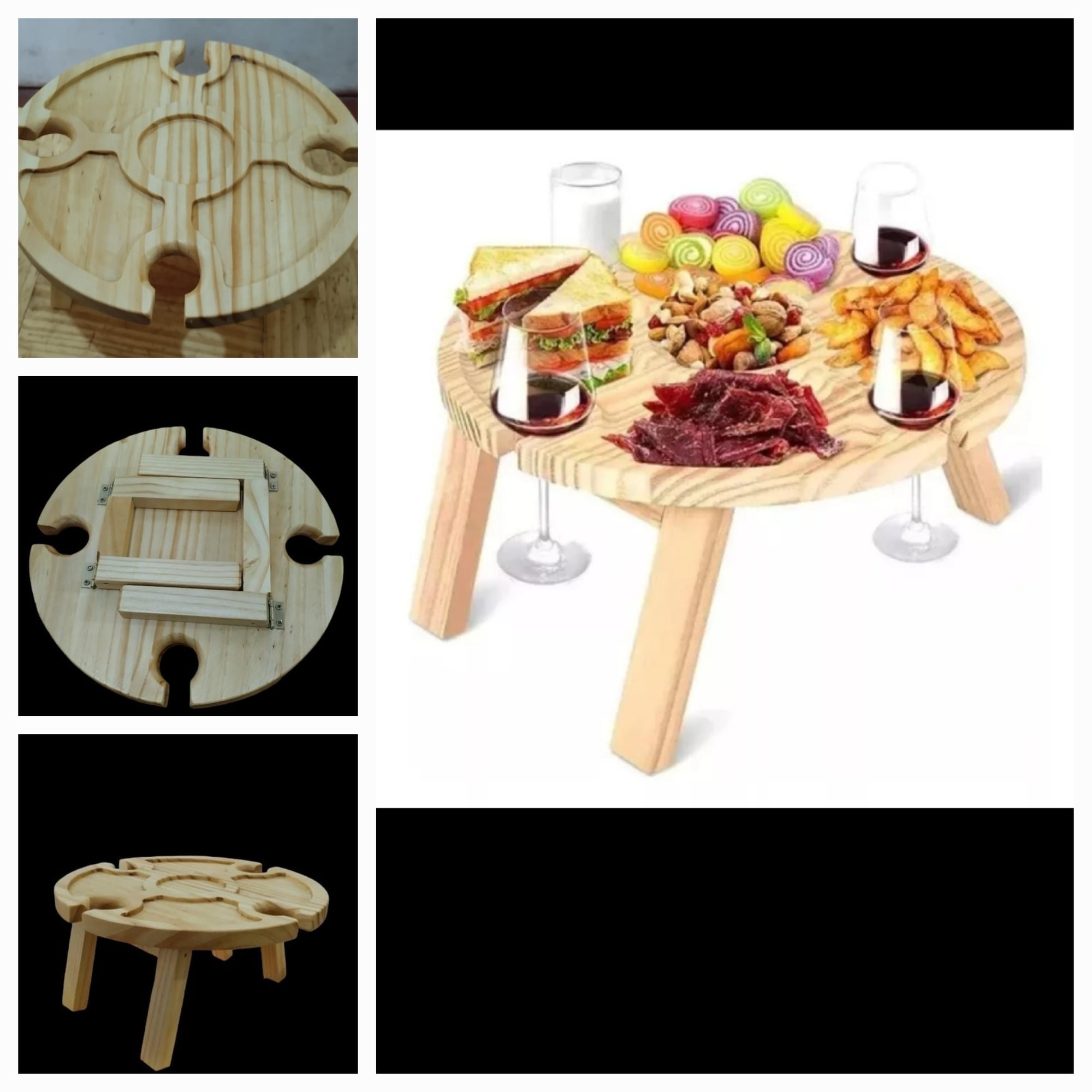 MESA SOPORTE COPAS DE MADERA PICNIC PLEGABLE TABLA PICOTEO - 2