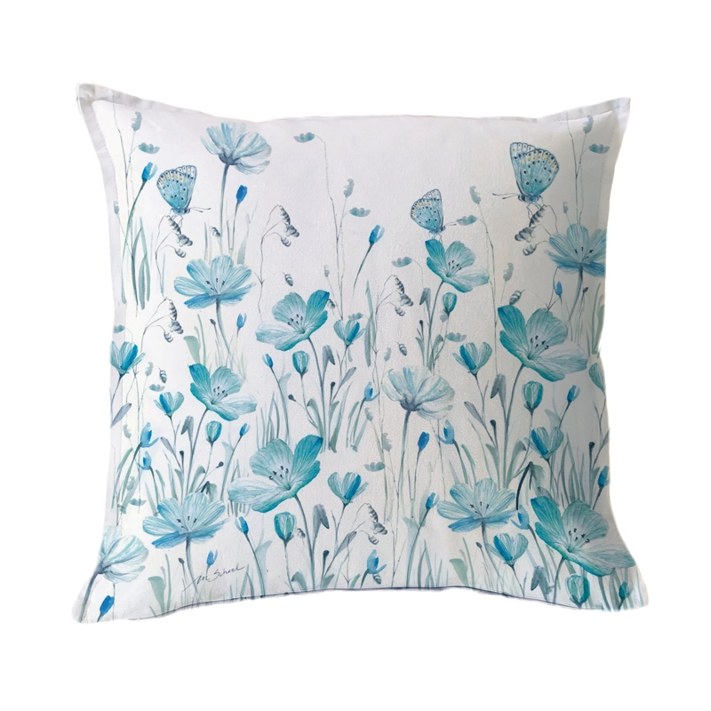 FUNDA COJÍN 45X45 ESTAMPADA FLORCITAS Y MARIPOSAS TURQUESA - 1