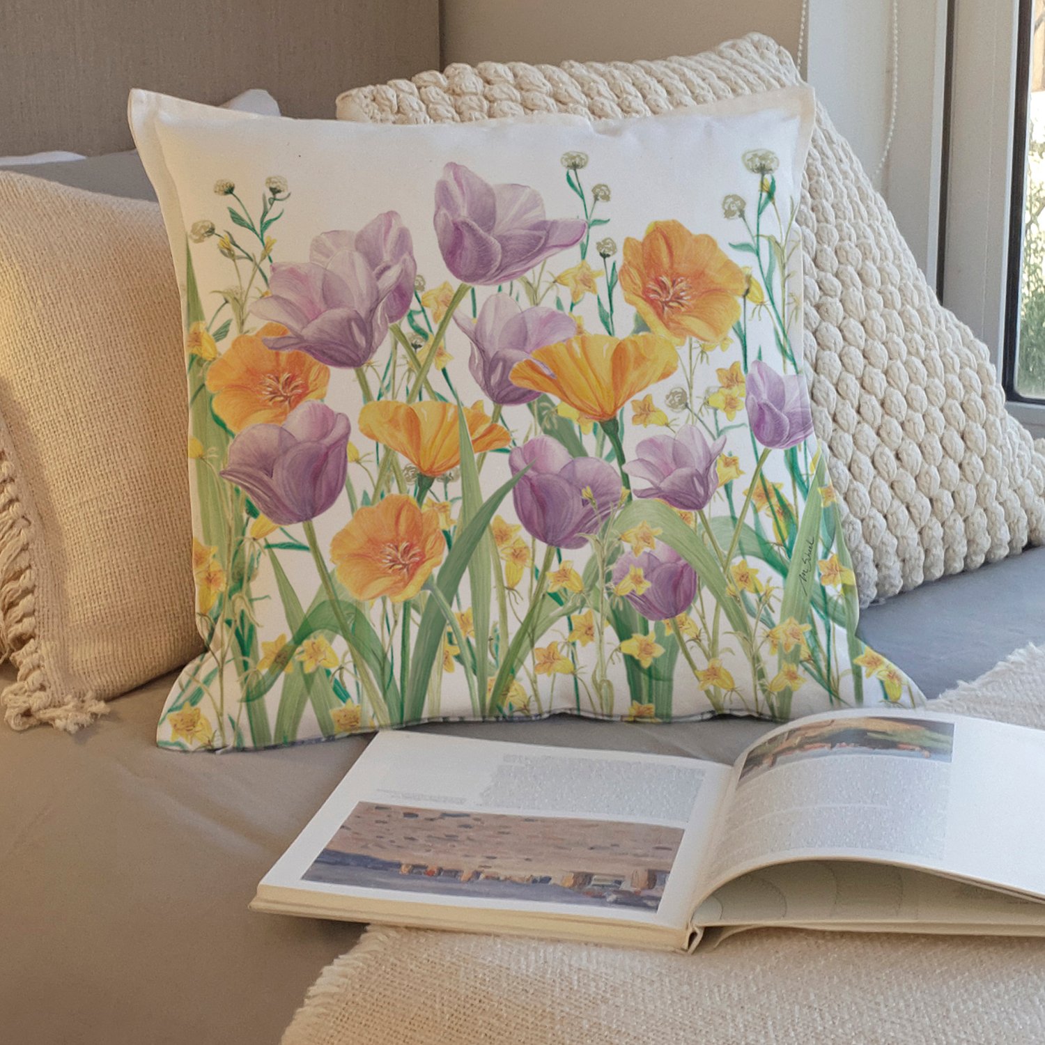 FUNDA COJÍN ESTAMPADO 45X45 JARDÍN FLORES TULIPÁN LILA - 2