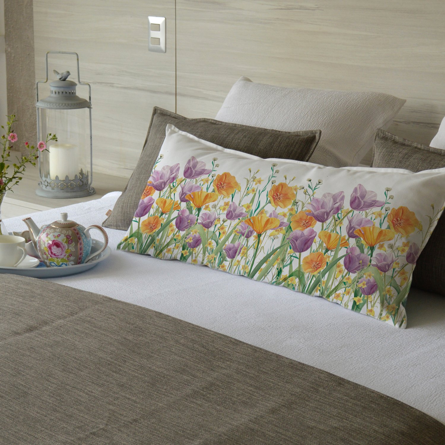 FUNDA COJÍN ESTAMPADO 40X90 JARDÍN FLORES TULIPÁN LILA XL - 2