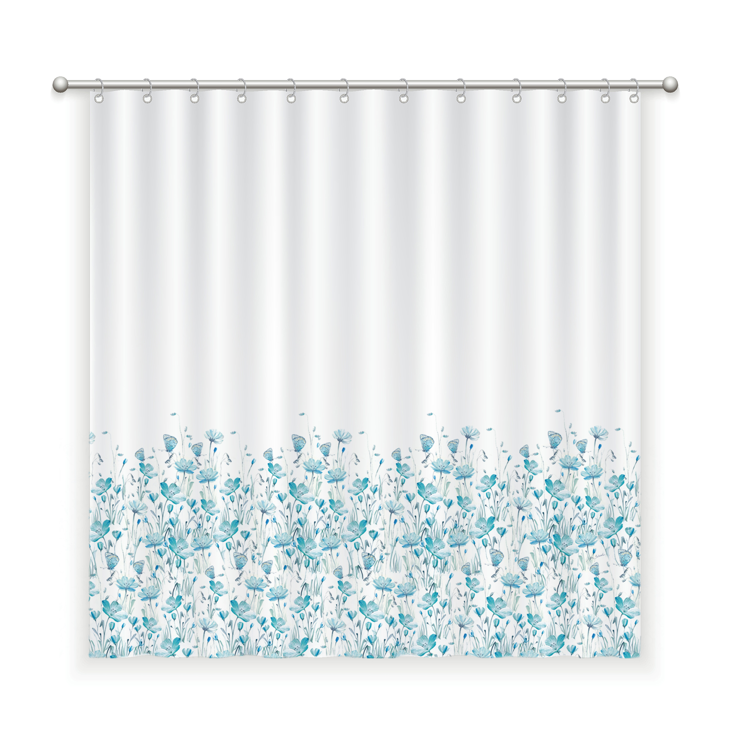 CORTINA DE BAÑO ALGODÓN FLORCITAS Y MARIPOSAS TURQUESA - 1