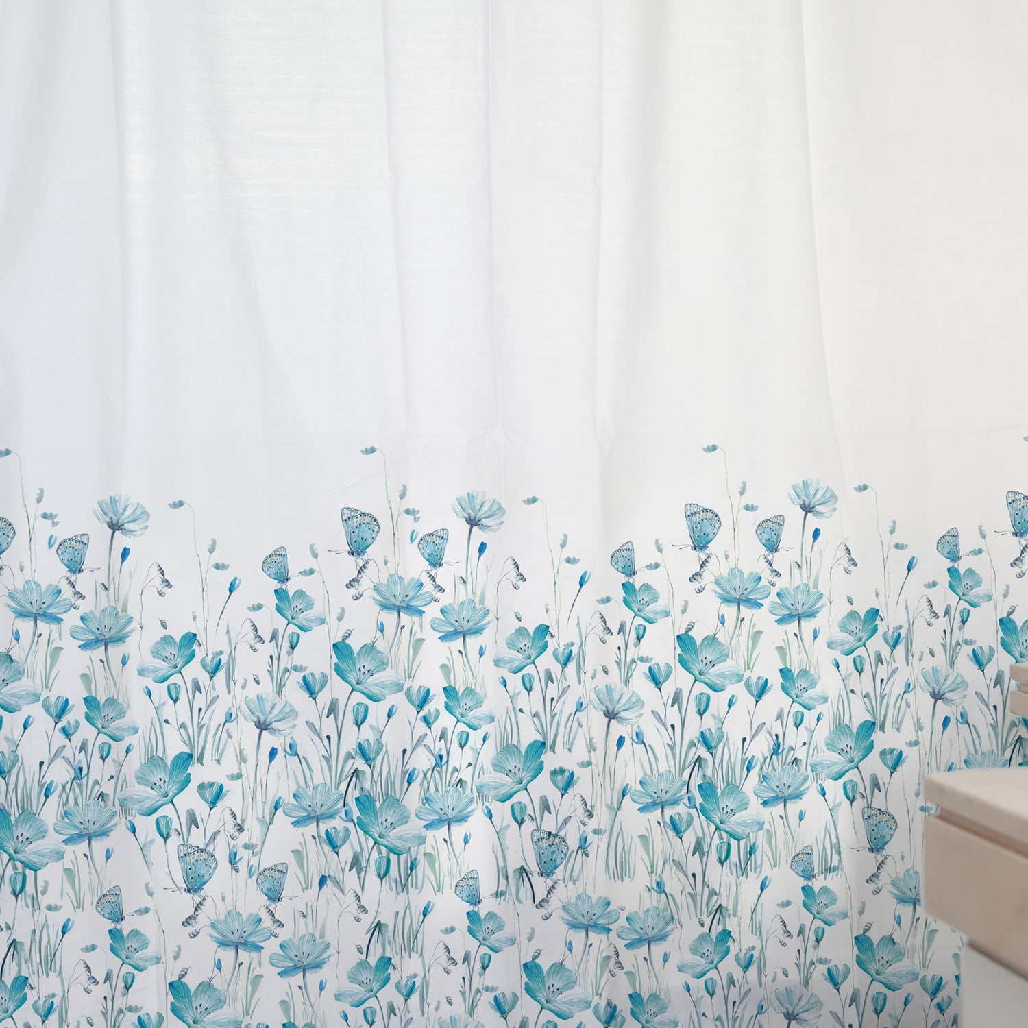 CORTINA DE BAÑO ALGODÓN FLORCITAS Y MARIPOSAS TURQUESA - 2
