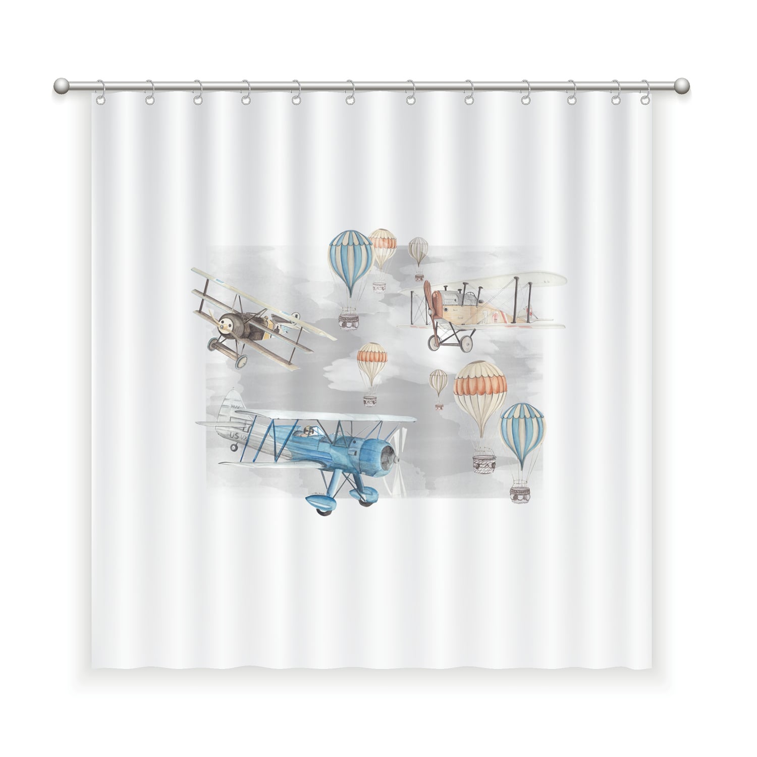 CORTINA DE BAÑO ALGODÓN AVIONES Y GLOBOS - 1