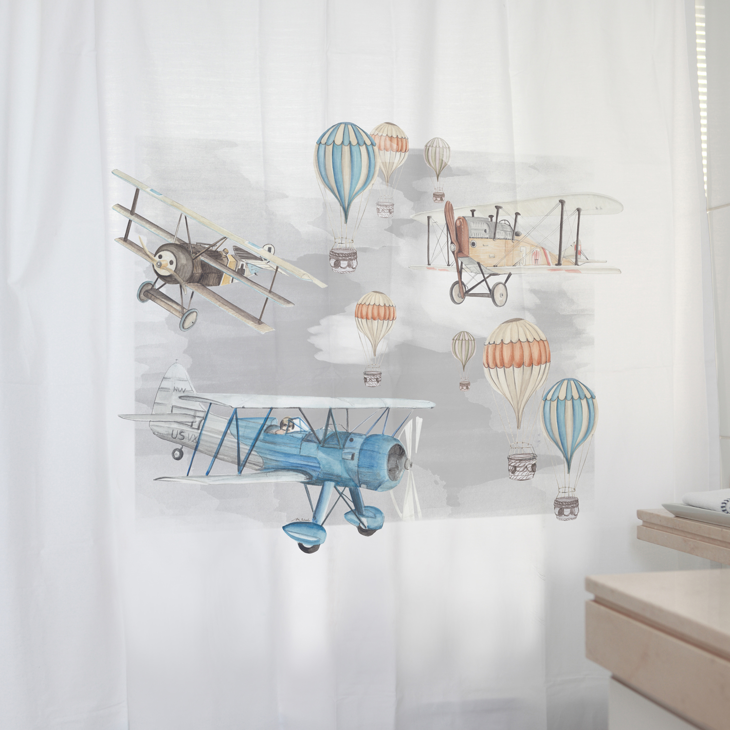 CORTINA DE BAÑO ALGODÓN AVIONES Y GLOBOS - 2