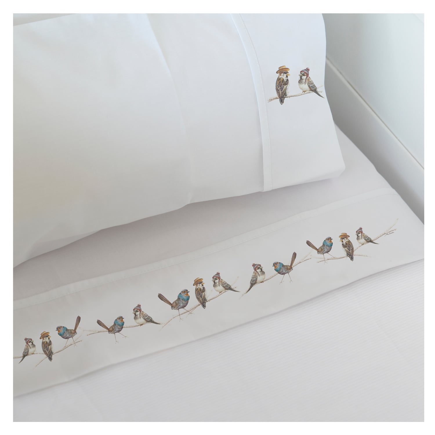 SET SÁBANAS MARGARITA SCHEEL PARA CASA ALVARINHO PAJARITOS AMIGOS CUNA ALGODÓN BLANCO ESTAMPADO - 1