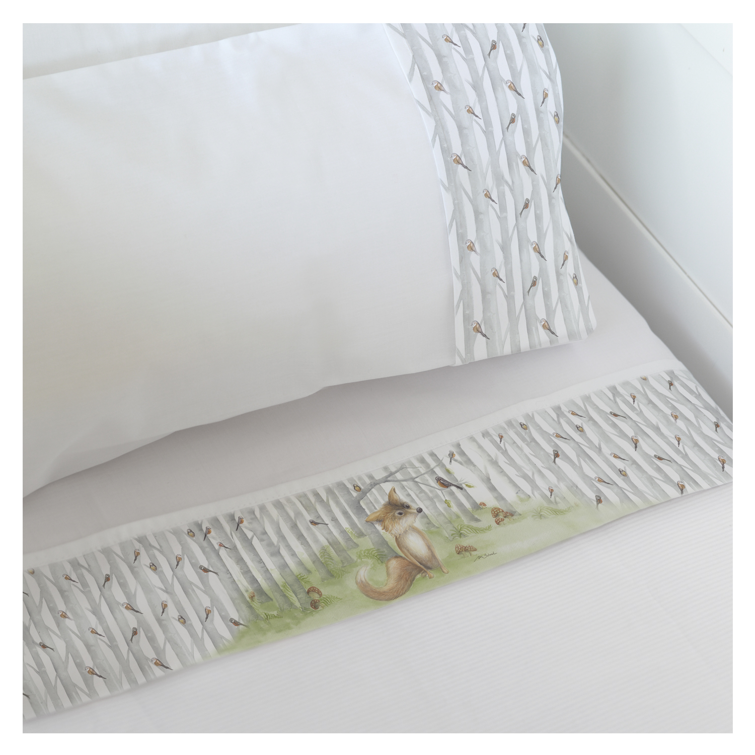 SET SÁBANAS MARGARITA SCHEEL PARA CASA ALVARINHO ZORRITO CUNA ALGODÓN BLANCO ESTAMPADO - 1