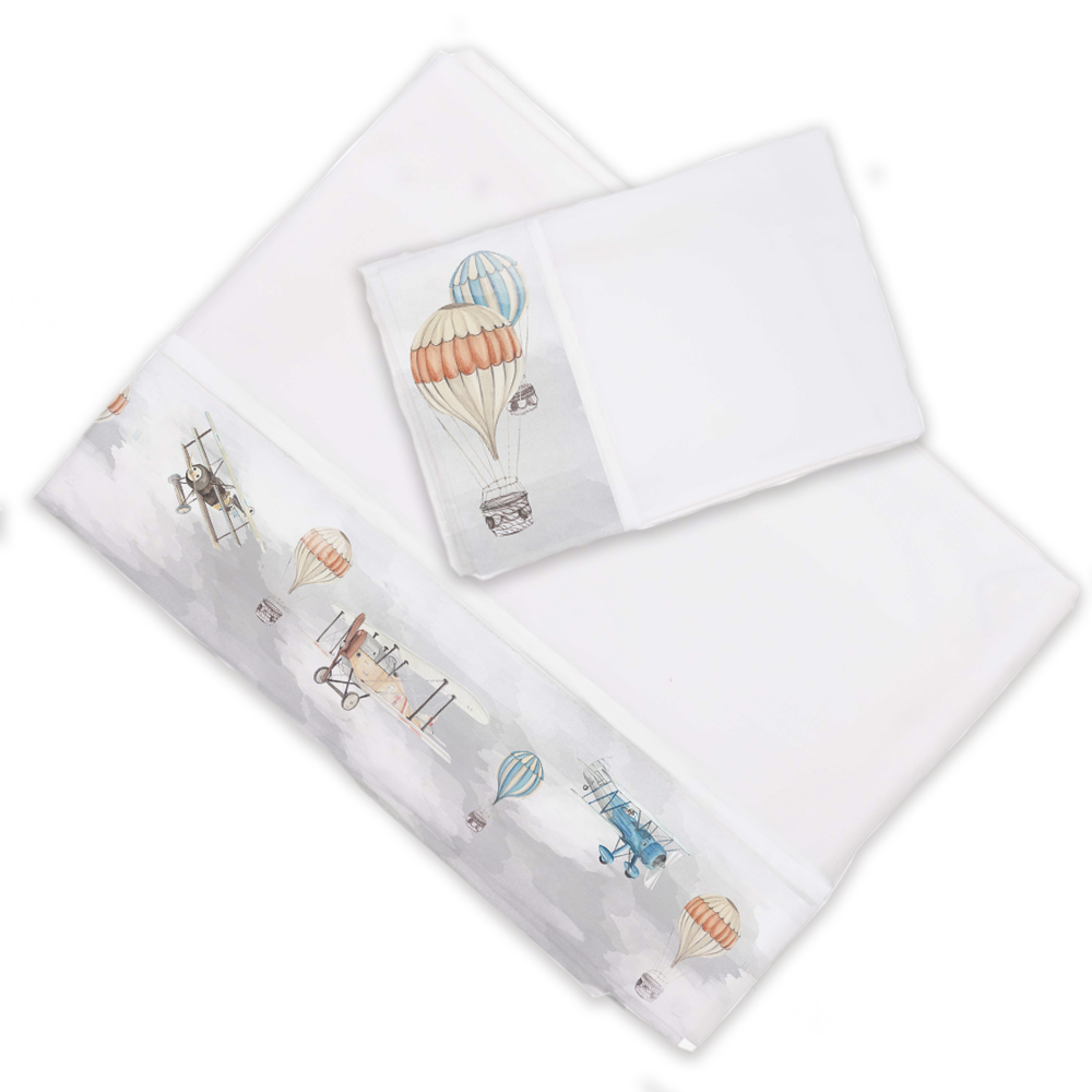 SET SÁBANAS MARGARITA SCHEEL PARA CASA ALVARINHO AVIONES Y GLOBOS 1 PLAZA ALGODÓN BLANCO ESTAMPADO - 1