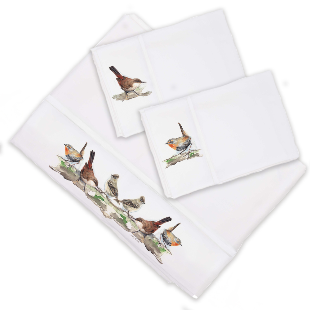 SET SABANAS MARGARITA SCHEEL PARA CASA ALVARINHO PAJAROS CHILENOS 2 PLAZAS ALGODON BLANCO ESTAMPADO