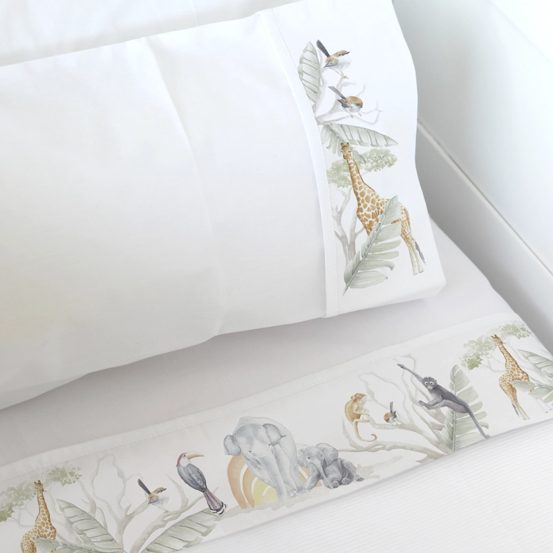 SET SÁBANAS MARGARITA SCHEEL PARA CASA ALVARINHO SAFARI ANIMALES CUNA ALGODÓN BLANCO ESTAMPADO - 1