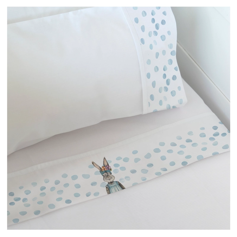 SET SABANAS MARGARITA SCHEEL PARA CASA ALVARINHO CONEJA FLORA MOISES ALGODON BLANCO ESTAMPADO