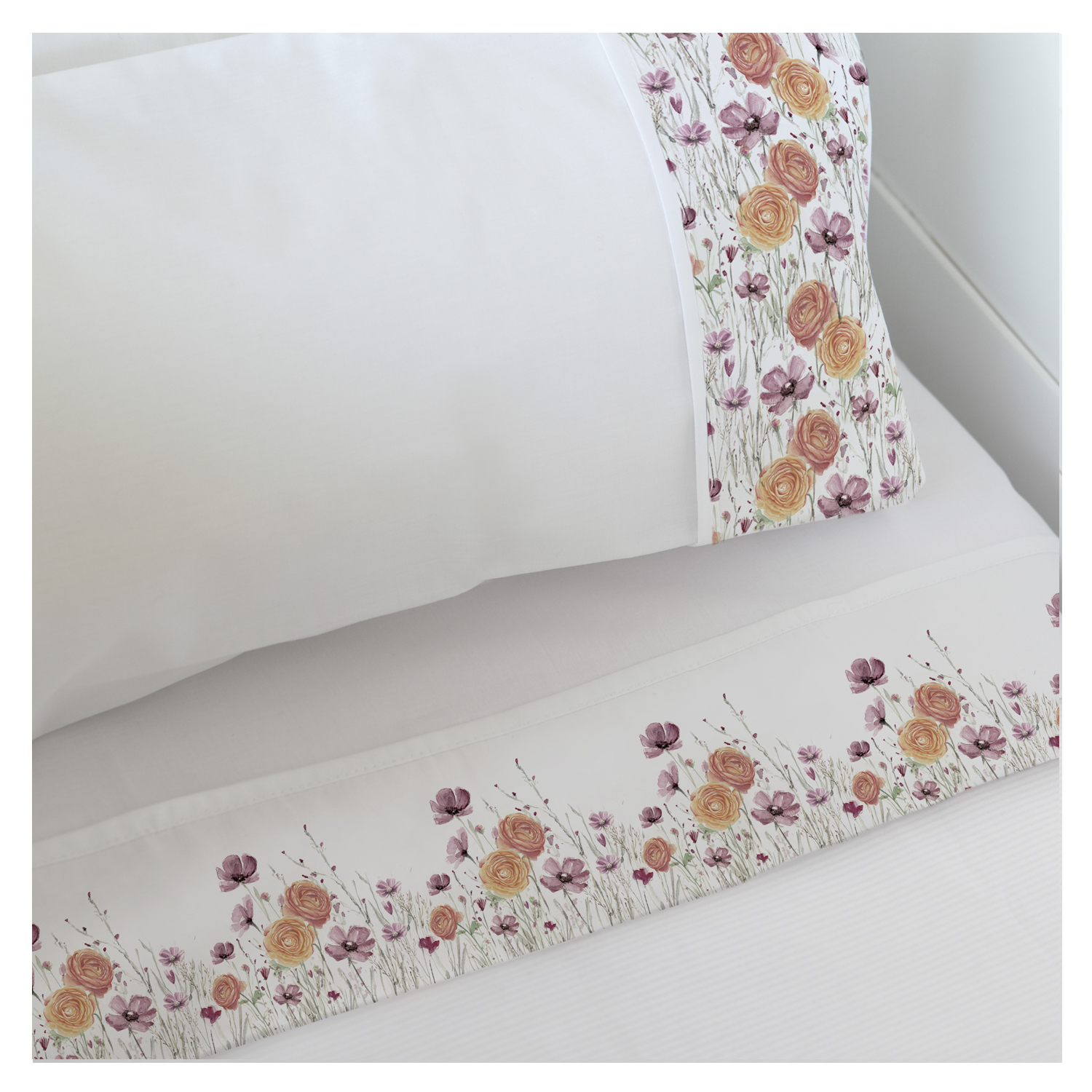 SET SÁBANAS MARGARITA SCHEEL PARA CASA ALVARINHO RANÚNCULOS MOISÉS ALGODÓN BLANCO ESTAMPADO - 1