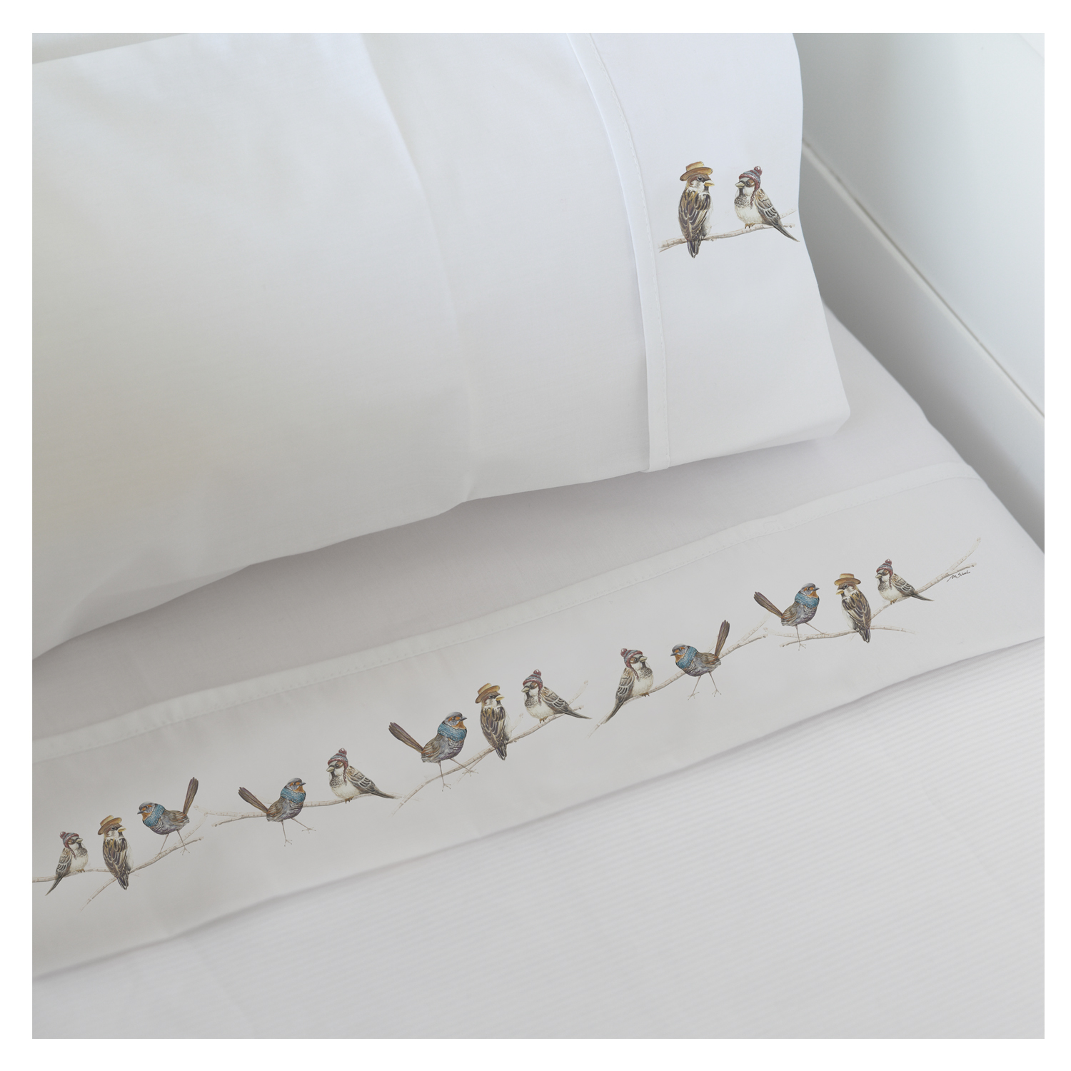SET SÁBANAS MARGARITA SCHEEL CASA ALVARINHO TRANSICIÓN PAJARITOS AMIGOS ALGODÓN BLANCO ESTAMPADO - 1