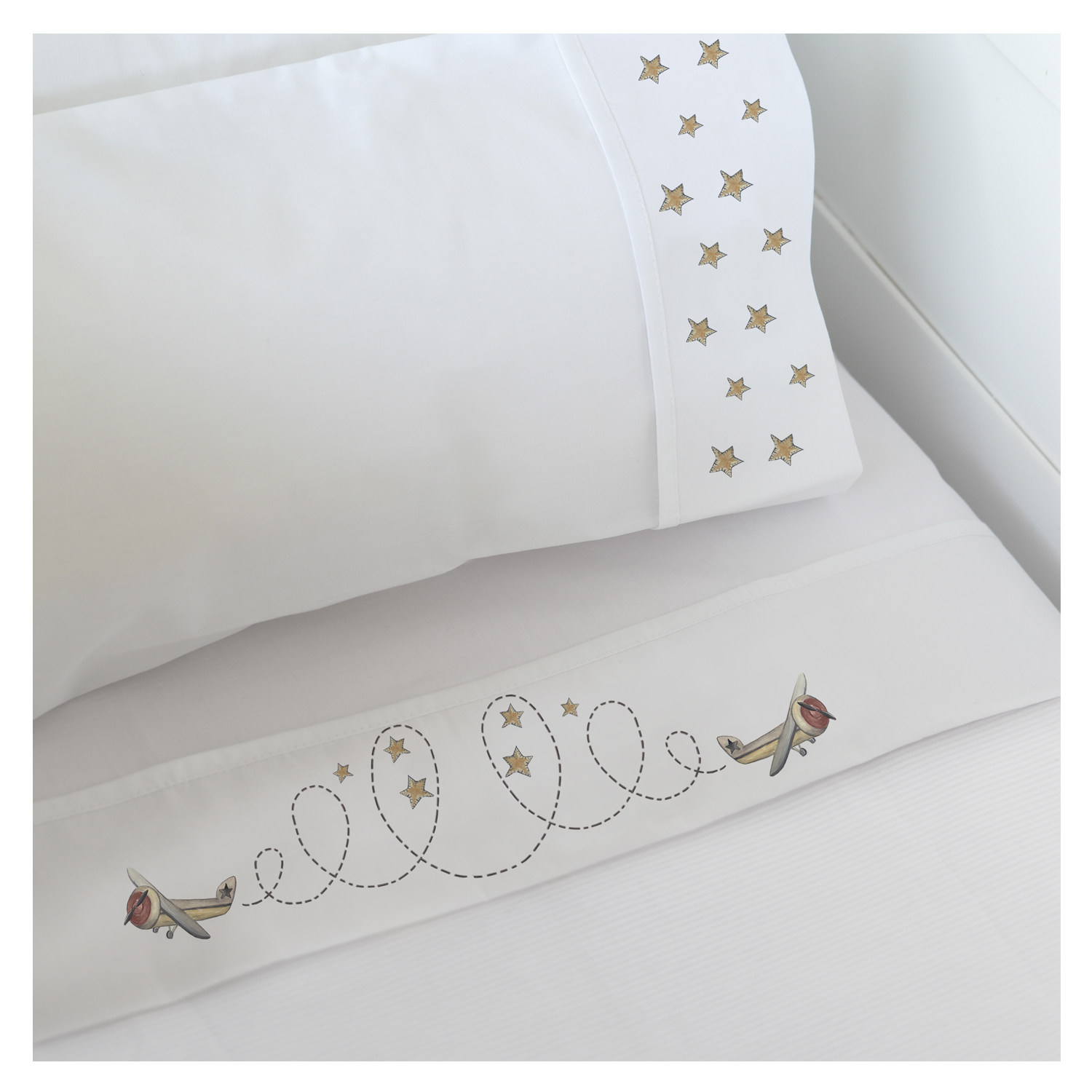 SET SÁBANAS MARGARITA SCHEEL PARA CASA ALVARINHO AVIÓN MOISÉS ALGODÓN BLANCO ESTAMPADO - 1