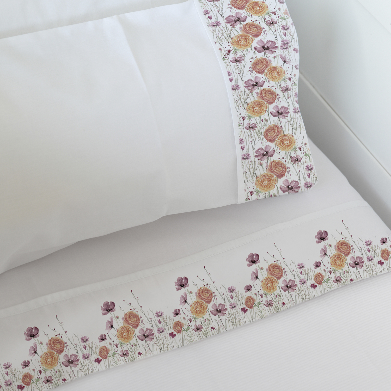 SET SÁBANAS MARGARITA SCHEEL PARA CASA ALVARINHO TRANSICIÓN RANÚNCULOS ALGODÓN BLANCO ESTAMPADO - 1