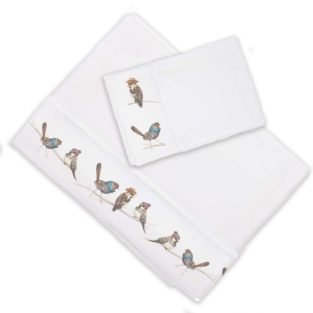 SET SABANAS MARGARITA SCHEEL CASA ALVARINHO PAJARITOS AMIGOS 1.5 PLAZAS ALGODON BLANCO ESTAMPADO