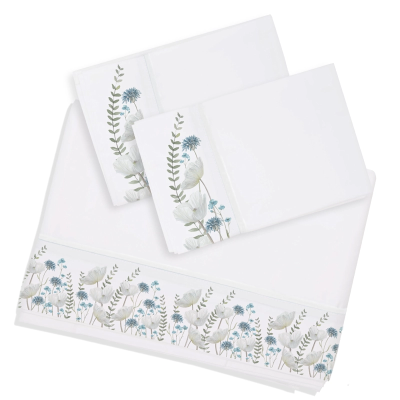 SET SÁBANAS MARGARITA SCHEEL PARA CASA ALVARINHO AMAPOLAS Y AZULITOS KING ALGODÓN BLANCO ESTAMPADO - 1