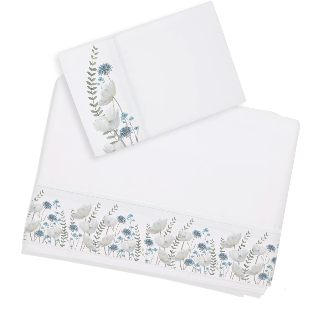 SET SÁBANAS MARGARITA SCHEEL CASA ALVARINHO AMAPOLAS Y AZULITOS 1.5 PLAZAS ALGODÓN BLANCO ESTAMPADO - 1