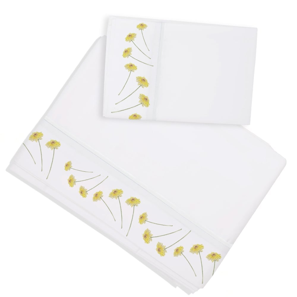 SET SÁBANAS MARGARITA SCHEEL CASA ALVARINHO FLORCITAS AMARILLAS 1.5 PLAZAS ALGODÓN BLANCO ESTAMPADO - 1