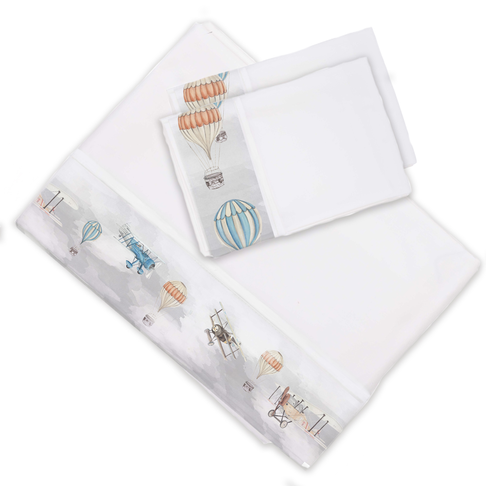 SET SÁBANAS MARGARITA SCHEEL PARA CASA ALVARINHO AVIONES Y GLOBOS KING ALGODÓN BLANCO ESTAMPADO - 1