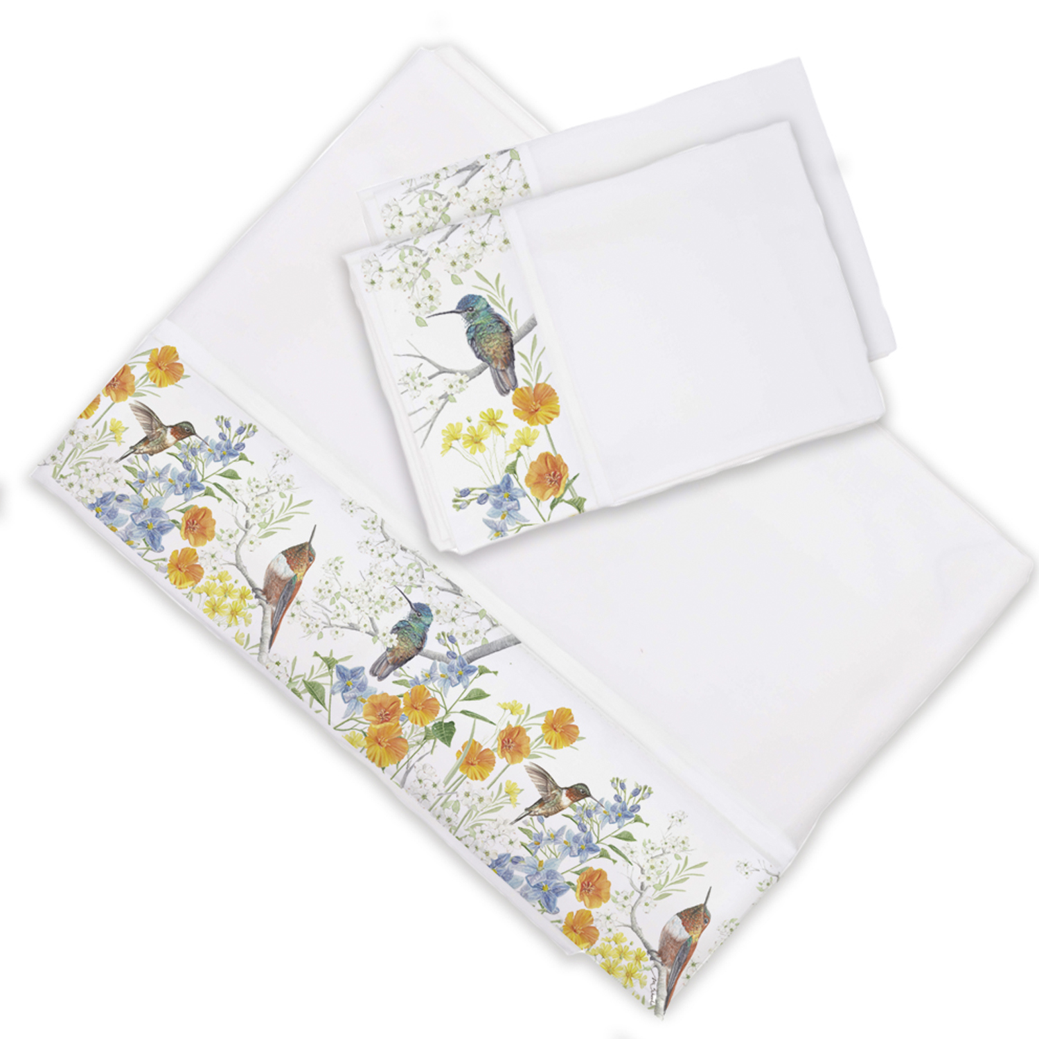 SET SÁBANAS MARGARITA SCHEEL CASA ALVARINHO PICAFLOR ARCOÍRIS 2 PLAZAS ALGODÓN BLANCO ESTAMPADO - 1