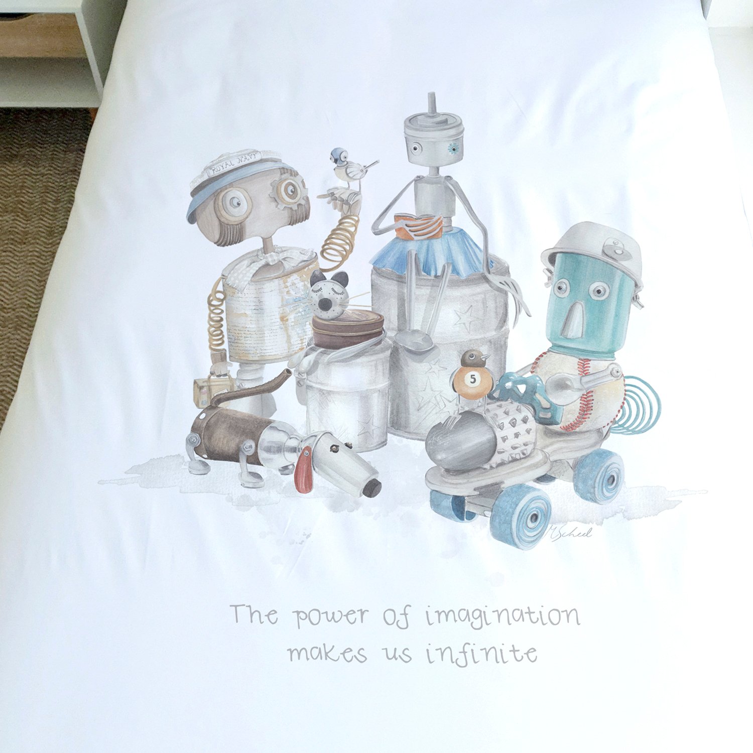 CUBREPLUMÓN MARGARITA SCHEEL PARA CASA ALVARINHO ALGODÓN BLANCO ESTAMPADO KIDS 1 PLAZA ROBOTS - 3