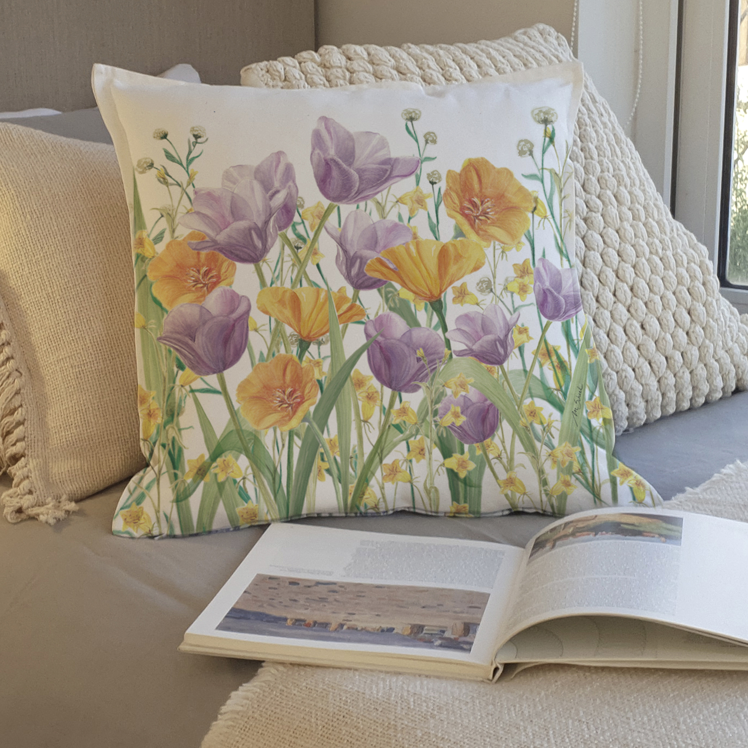 FUNDA COJÍN MARGARITA SCHEEL PARA CASA ALVARINHO ALGODÓN JARDÍN FLORES TULIPÁN 45 X 45 CM LILA - 2