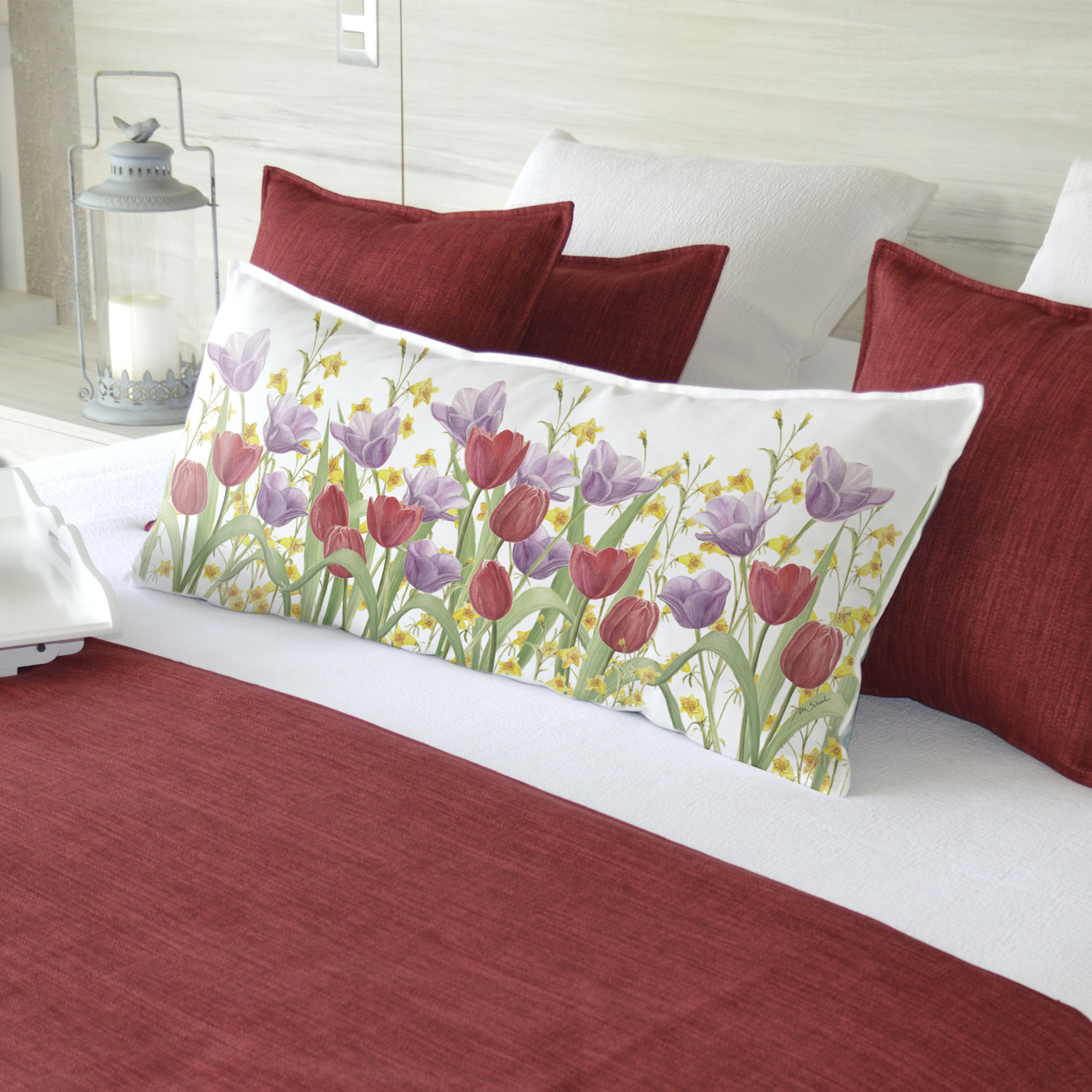 COJÍN MARGARITA SCHEEL PARA CASA ALVARINHO ALGODÓN JARDÍN FLORES TULIÁN XL 90 X 40 CM ROJO - 2