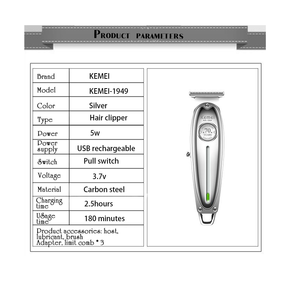 PATILLERA TRIMMER RECARGABLE KEMEI 70 AÑOS KM1949 - 6