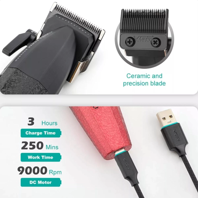 BARBER COMBO VGR PROFESIONAL V640 CLIPPER Y TRIMMER 9000RPM EN COLOR ROJO - 4
