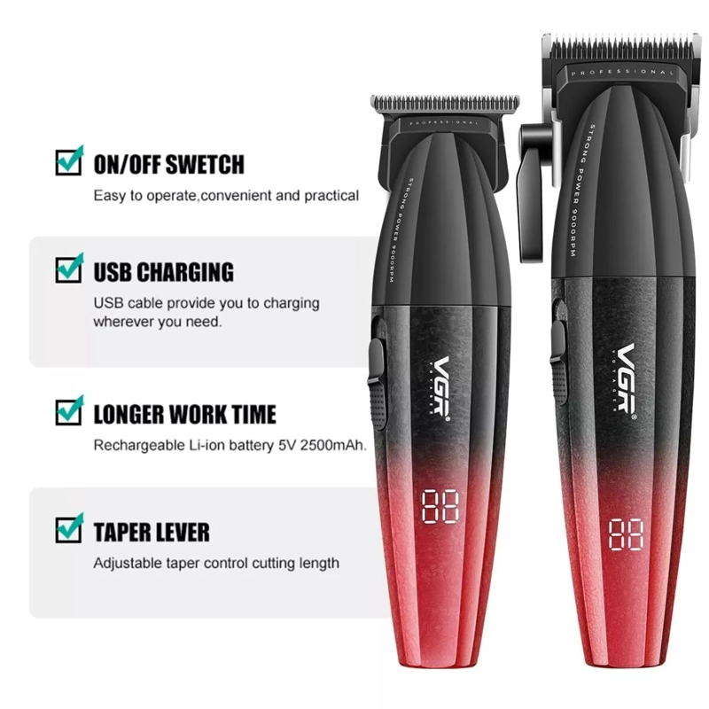 BARBER COMBO VGR PROFESIONAL V640 CLIPPER Y TRIMMER 9000RPM EN COLOR ROJO - 5